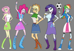 Size: 1600x1102 | Tagged: safe, artist:artthriller94, imported from derpibooru, applejack, fluttershy, pinkie pie, rainbow dash, rarity, human, equestria girls, ball, belt, boots, clothes, cowboy hat, female, gray background, hat, high heel boots, humane five, jacket, shirt, shoes, simple background, skirt, socks, style emulation, vest, vivziepop