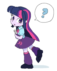 Size: 714x896 | Tagged: safe, artist:cheesesauce_45, imported from derpibooru, twilight sparkle, human, equestria girls, blush sticker, blushing, book, female, looking at you, looking back, looking back at you, open mouth, open smile, question mark, smiling, solo, speech bubble, standing, standing on one leg