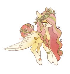 Size: 855x904 | Tagged: safe, artist:anemonaii, imported from derpibooru, fluttershy, pegasus, pony, alternate color palette, alternate design, alternate hairstyle, alternate tailstyle, bandaid, braid, braided ponytail, braided tail, coat markings, colored eartips, colored wings, eye clipping through hair, eyebrows, eyebrows visible through hair, eyelashes, facial markings, female, floppy ears, floral head wreath, flower, flower in hair, flower in tail, green eyes, hair over one eye, hooves in air, looking at you, mare, ponytail, redesign, signature, simple background, smiling, smiling at you, socks (coat markings), solo, stripe (coat marking), tail, tied tail, two toned hair, two toned tail, two toned wings, wavy mane, white background, wings, wings down