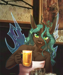 Size: 4259x5000 | Tagged: safe, artist:helemaranth, imported from derpibooru, queen chrysalis, anthro, changeling, changeling queen, pony, absurd resolution, alcohol, beer, breasts, cleavage, eyelashes, fangs, female, green eyes, insect wings, long ears, looking at you, meme, nail polish, nails, ponified meme, real life background, signature, smiling, smiling at you, solo, towel, wavy hair, wings