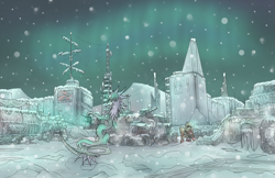 Size: 3000x1944 | Tagged: safe, artist:podval_sumosshedshego, imported from derpibooru, oc, oc only, oc:ci cada, oc:serenada grey, bat pony, dragon, aurora borealis, crossout, winter