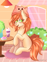 Size: 2340x3080 | Tagged: safe, artist:cheerful_nova, imported from derpibooru, oc, earth pony, pony, art trade, clothes, coffee shop, cute, donut, female, flower, food, frappuccino, full body, hat, smiling, solo