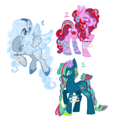 Size: 1280x1354 | Tagged: safe, artist:eyerealm, artist:junglicious64, imported from derpibooru, oc, oc only, butterfly, earth pony, pegasus, pony, adoptable, ballet slippers, blue eyes, blue mane, blue tail, blushing, braid, braided tail, clothes, coat markings, colored eyelashes, colored hooves, colored wings, colored wingtips, curly mane, curly tail, cutie mark, ear piercing, earring, eyelashes, flower, flower in hair, flying, frown, green eyes, hair over one eye, headband, jewelry, multicolored mane, multicolored tail, necklace, no mouth, piercing, pink eyes, raised hoof, shoes, signature, simple background, smiling, spread wings, standing, staring at you, tail, trio, two toned wings, white background, wingding eyes, wings