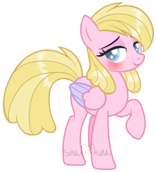 Size: 1293x1422 | Tagged: safe, artist:sinamuna, imported from derpibooru, oc, oc only, oc:daffodil sky, pegasus, pony, au:equuis, base used, blonde hair, blue eyes, blushing, redesign, smiling, solo