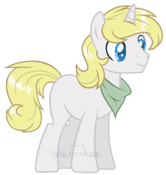 Size: 1349x1425 | Tagged: safe, artist:sinamuna, imported from derpibooru, oc, oc only, oc:flurry canvas, pony, unicorn, au:equuis, bandana, base used, blonde hair, blue eyes, male, redesign, smiling, solo, stallion