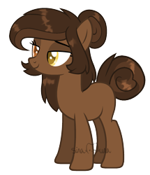 Size: 1517x1767 | Tagged: safe, artist:sinamuna, imported from derpibooru, oc, oc only, oc:reese dream, earth pony, pony, au:equuis, base used, brown hair, golden eyes, hair bun, heterochromia, orange eyes, redesign, smiling, solo, tail, tail bun, yellow eyes