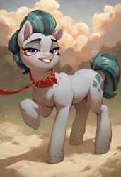 Size: 750x1097 | Tagged: safe, artist:stoneificaunt, imported from ponybooru, cloudy quartz, earth pony, ai content, ai generated, blushing, collar, cute, female, leash, mare, missing accessory, pet, piny, raised hoof, raised leg, solo