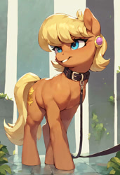 Size: 750x1097 | Tagged: safe, artist:stoneificaunt, imported from ponybooru, ms. harshwhinny, earth pony, pony, ai content, ai generated, collar, cute, ear piercing, earring, female, jewelry, leash, mare, pet, piercing, solo