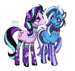 Size: 2107x2018 | Tagged: safe, artist:peachmichea, imported from derpibooru, starlight glimmer, trixie, pony, unicorn, clothes, duo, duo female, female, makeup, mare, ponymania, simple background, socks, stockings, thigh highs, white background