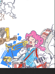 Size: 1536x2048 | Tagged: safe, artist:xiaowangzidemianyang, imported from derpibooru, pinkie pie, human, equestria girls, drums, humanized, musical instrument, open mouth, open smile, simple background, smiling, solo, trumpet, white background