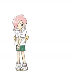 Size: 1179x1273 | Tagged: safe, artist:xiaowangzidemianyang, imported from derpibooru, fluttershy, human, clothes, full body, humanized, shirt, shoes, shorts, simple background, solo, standing, t-shirt, white background