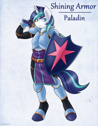 Size: 1275x1650 | Tagged: safe, artist:ambris, imported from derpibooru, shining armor, anthro, unguligrade anthro, unicorn, adventuring is magic, 2016, armor, colored pupils, fantasy class, knight, looking at you, male, old art, paladin, shield, solo, sword, warrior, warrior shining armor, weapon