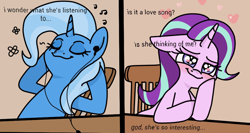 Size: 1000x532 | Tagged: safe, artist:pr0ject_001, edit, imported from derpibooru, starlight glimmer, trixie, pony, unicorn, blushing, chair, cropped, duo, female, flower, headset, heart, heart eyes, hoof on chin, hooves behind head, lesbian, mare, music, music notes, shipping, sitting, smiling, startrix, table, wingding eyes