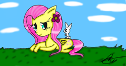 Size: 1920x1004 | Tagged: safe, artist:americavictoriano, imported from derpibooru, angel bunny, fluttershy, pegasus, pony, rabbit, animal, female, flower, flower in hair, grass, lying down, mare, prone, solo