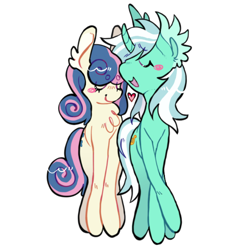 Size: 2048x2048 | Tagged: safe, artist:7redteeths, imported from derpibooru, bon bon, lyra heartstrings, sweetie drops, earth pony, pony, unicorn, chest fluff, duo, ear fluff, eyes closed, female, heart, lesbian, lyrabon, shipping, simple background, smiling, white background