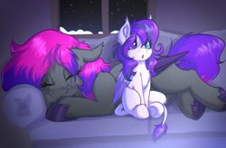 Size: 3489x2294 | Tagged: safe, artist:witchtaunter, imported from derpibooru, pony, commission, couch, cute, fangs, female, filly, foal, sitting, sleeping, snow