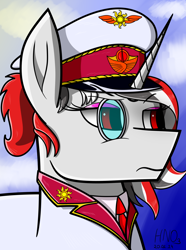 Size: 2496x3360 | Tagged: safe, artist:hno3, imported from derpibooru, oc, oc only, oc:red rocket, unicorn, equestria at war mod, bust, clothes, eyeshadow, general, gradient background, makeup, military, military uniform, monocle, portrait, red eyes, serious, solar empire, uniform, uniform hat