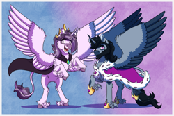 Size: 2100x1400 | Tagged: source needed, safe, artist:inuhoshi-to-darkpen, imported from derpibooru, oc, oc:lactis, oc:spitzer, alicorn, cape, clothes, crown, female, jewelry, looking at you, male, mother and child, mother and son, prince, queen, raba-pony, regalia, royalty, smiling