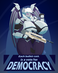 Size: 3441x4361 | Tagged: safe, artist:artsy madraw, imported from derpibooru, oc, oc only, anthro, bat pony, armor, bat wings, big breasts, breasts, cleavage, commission, curvy, female, folded wings, gun, helldivers, helldivers 2, huge breasts, poster, propaganda, propaganda poster, rifle, salute, solo, text, thighs, thunder thighs, weapon, wing armor, wings