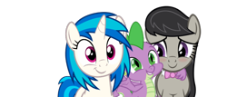 Size: 1006x429 | Tagged: safe, edit, editor:undeadponysoldier, imported from ponybooru, vector edit, dj pon-3, octavia melody, spike, vinyl scratch, dragon, earth pony, pony, unicorn, best friends, blushing, bowtie, choker, cute, daaaaaaaaaaaw, group hug, happy, hug, simple background, spikabetes, spikelove, tavibetes, transparent background, vector, vinylbetes