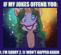 Size: 950x848 | Tagged: safe, artist:amordidas, imported from derpibooru, oc, oc only, oc:bally, anthro, unicorn, caption, clown makeup, dc comics, female, grin, image macro, looking at you, smiling, society, solo, text, the joker