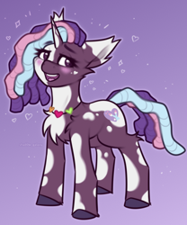 Size: 2000x2400 | Tagged: safe, artist:shad0w-galaxy, imported from derpibooru, pony, unicorn, blushing, cheek fluff, chest fluff, cute, ear fluff, female, g5, gradient background, heart, hooves, jewelry, mare, necklace, older, older violette rainbow, open mouth, smiling, solo, unshorn fetlocks, violette rainbow, vitiligo