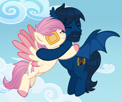Size: 1100x922 | Tagged: safe, artist:jennieoo, imported from derpibooru, oc, oc:atin nyamic, bat pony, pegasus, pony, bat pony oc, bat wings, beard, eyepatch, eyes closed, facial hair, flying, friends, gift art, hug, hugging a pony, present, show accurate, sketch, smiling, spread wings, wings