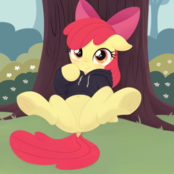 Size: 2560x2560 | Tagged: safe, alternate version, imported from derpibooru, apple bloom, earth pony, pony, ai assisted, ai content, belly button, blushing, bush, clothes, cute, dock, featureless crotch, female, filly, floppy ears, flower, foal, frog (hoof), high res, hoodie, hoof on cheek, looking at you, sitting, smiling, smiling at you, spread legs, spreading, tail, tree, underhoof