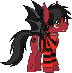 Size: 1372x1395 | Tagged: safe, artist:lightningbolt, derpibooru exclusive, imported from derpibooru, bat pony, pony, .svg available, bat wings, clothes, ear fluff, fall out boy, fangs, hair over one eye, hoodie, male, pete wentz, ponified, show accurate, simple background, slit pupils, smiling, solo, spread wings, stallion, standing, svg, tattoo, transparent background, vector, wings