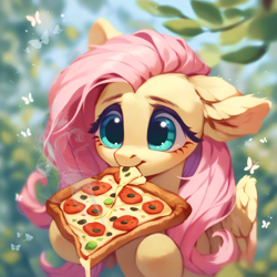 Size: 1846x1846 | Tagged: safe, imported from derpibooru, fluttershy, butterfly, pegasus, pony, ai assisted, ai content, ai generated, beautiful, blushing, cute, detailed hair, ear fluff, eating, fluffy, food, forest, forest background, generator:purplesmart.ai, generator:stable diffusion, green eyes, leaf, nature, pink hair, pizza, prompter:saltyvity, smiley face, smiling, solo, tree