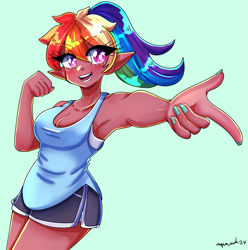 Size: 2079x2100 | Tagged: safe, artist:mylittleyuri, imported from derpibooru, rainbow dash, human, armpits, breasts, busty rainbow dash, cleavage, clothes, elf ears, eye clipping through hair, female, green background, high res, humanized, nail polish, open mouth, open smile, shorts, signature, simple background, smiling, solo, tan skin