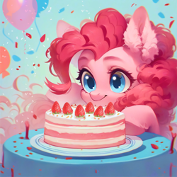 Size: 1846x1846 | Tagged: safe, imported from derpibooru, pinkie pie, earth pony, pony, ai assisted, ai content, ai generated, balloon, beautiful, blue background, blue eyes, cake, cute, detailed hair, ear fluff, fluffy, food, generator:purplesmart.ai, generator:stable diffusion, happy, happy birthday, long hair, pink hair, prompter:saltyvity, simple background, smiley face, smiling, solo, sparkles, strawberry