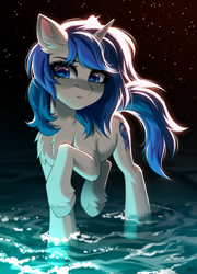 Size: 3100x4298 | Tagged: safe, artist:hakaina, imported from derpibooru, oc, oc only, oc:eden, oc:eden (across the divide), pony, unicorn, fallout equestria, fallout equestria: across the divide, female, horn, mare, partially submerged, solo, standing in water, stars, unicorn oc, water, wingding eyes