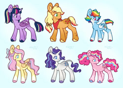 Size: 827x590 | Tagged: safe, artist:anjach, imported from derpibooru, applejack, fluttershy, pinkie pie, rainbow dash, rarity, twilight sparkle, alicorn, earth pony, pegasus, pony, unicorn, mane six, redesign, twilight sparkle (alicorn)