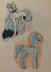 Size: 776x1080 | Tagged: safe, artist:deadsmoke, imported from derpibooru, oc, oc:kate sanders, oc:snowflake white, earth pony, unicorn, choker, concave belly, drawing, irl, link in description, paper, pencil drawing, photo, physique difference, ribs, simple background, sketchbook, skinny, smiling, spiked choker, thin, traditional art