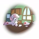 Size: 2048x2048 | Tagged: safe, artist:wenni, imported from derpibooru, nurse redheart, earth pony, pony, badge, dishevelled, female, food, geneva convention violation, leaning, mare, passepartout, solo, tea