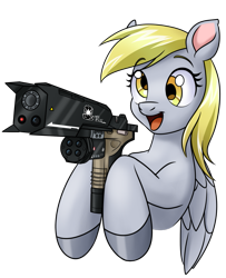 Size: 1235x1524 | Tagged: safe, artist:redahfuhrerking, imported from derpibooru, derpy hooves, pegasus, pony, female, gun, mare, open mouth, open smile, simple background, smart pistol, smart pistol mk6, smiling, solo, titanfall, titanfall 2, transparent background, weapon