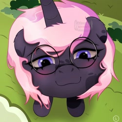 Size: 1600x1600 | Tagged: safe, artist:artsypaws, derpibooru exclusive, imported from derpibooru, oc, oc:artsypaws, oc:jay mihay, pegasus, pony, unicorn, comic:lunch with my lover, :3, curved horn, glasses, horn, macro, macro/micro, maw, micro, photo, pred, predator, prey, round glasses, smiling, soft vore, swallow, vore