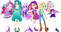Size: 9330x4875 | Tagged: safe, artist:shootingstarsentry, imported from derpibooru, oc, oc only, oc:apple wish, oc:crystal frost, oc:serenade skye, oc:sweetie treat, oc:twilight moon, oc:velocity wing, human, equestria girls, absurd resolution, bare shoulders, boots, clothes, dreamworks face, dress, eyebrows, female, grin, human oc, leg warmers, looking at you, magical lesbian spawn, miniskirt, offspring, parent:applejack, parent:caramel, parent:cheese sandwich, parent:flash sentry, parent:fluttershy, parent:pinkie pie, parent:prince blueblood, parent:rainbow dash, parent:rarity, parent:soarin', parent:somnambula, parent:sunset shimmer, parents:carajack, parents:cheesepie, parents:flashimmer, parents:rariblood, parents:soarindash, raised eyebrow, shoes, simple background, skirt, smiling, smiling at you, socks, stockings, thigh highs, thigh socks, transparent background