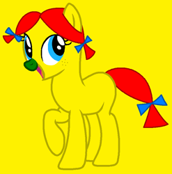 Size: 757x767 | Tagged: safe, artist:shewakiss, artist:spitfirethepegasusfan39, earth pony, pony, adult blank flank, base used, blank flank, bow, female, freckles, g4, green nose, hair bow, little miss, little miss trouble, mare, mr. men, mr. men little miss, open mouth, open smile, pigtails, ponified, raised hoof, raised leg, simple background, smiling, solo, tail bow, trouble, yellow background