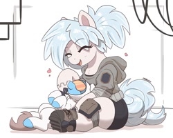 Size: 1200x958 | Tagged: safe, artist:pabbley, imported from derpibooru, oc, oc only, oc:echo (ncmares), earth pony, pony, big mare, boots, clothes, duo, duo male and female, eye clipping through hair, eyebrows, eyebrows visible through hair, eyes closed, female, floating heart, goggles, heart, hoodie, knee pads, larger female, leaning back, looking up, male, mare, open mouth, open smile, petting, shoes, simple background, sitting, size difference, smaller male, smiling, soldier, stallion, suit, thighs, white background