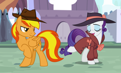 Size: 1777x1070 | Tagged: safe, artist:shieldwingarmorofgod, imported from derpibooru, rarity, oc, oc:firey ratchet, pegasus, pony, unicorn, canterlot, clothes, detective, detective rarity, duo, duo male and female, fedora, female, hat, male, mare, stallion, trenchcoat