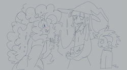 Size: 1305x719 | Tagged: safe, artist:spaceboycelebration, imported from derpibooru, pinkie pie, spike, twilight sparkle, human, hat, humanized, tail, tailed humanization, trio, witch hat