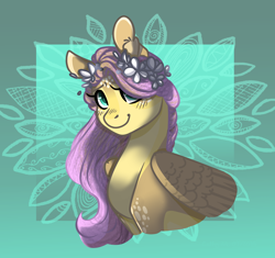 Size: 1700x1600 | Tagged: safe, artist:voncikama, imported from derpibooru, fluttershy, pegasus, pony, bust, cute, female, flower, flower in hair, gradient background, looking at you, mare, shyabetes, smiling, smiling at you, solo