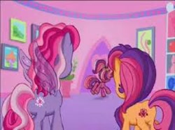 Size: 259x194 | Tagged: safe, imported from derpibooru, screencap, cheerilee, cheerilee (g3), scootaloo, scootaloo (g3), starsong, braid, butt, cutie mark, door, g3, g3.5, pigtails, plot, rear view, running, tail, waiting for the winter wishes festival, wings
