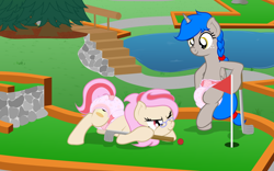Size: 2000x1250 | Tagged: safe, artist:nitei, imported from derpibooru, oc, oc only, oc:sprite, oc:understudy, alicorn, earth pony, pony, alicorn oc, bipedal, blue mane, diaper, diaper fetish, duo, earth pony oc, female, fetish, freckles, glasses, horn, mare, minigolf, non-baby in diaper, show accurate, two toned mane, wings