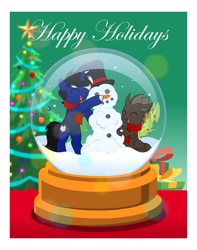 Size: 3933x5000 | Tagged: safe, artist:jhayarr23, imported from derpibooru, oc, oc only, oc:night reader, oc:trex vyrax, bat pony, changeling, hybrid, unicorn, bat pony oc, bat wings, changeling oc, christmas, christmas tree, clothes, commission, holiday, horn, hybrid oc, scarf, smiling, snow, snow globe, snowman, tree, unicorn oc, wings, ych result