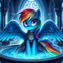 Size: 1024x1024 | Tagged: safe, imported from ponybooru, rainbow dash, pegasus, ai content, ai generated, dark room, gothic, pentagram, solo, water fountain