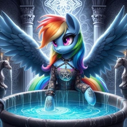 Size: 1024x1024 | Tagged: safe, imported from ponybooru, rainbow dash, pegasus, ai content, ai generated, black dress, clothes, dark room, dress, pentagram, solo, water fountain