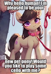 Size: 657x960 | Tagged: safe, edit, editor:undeadponysoldier, imported from ponybooru, octavia melody, earth pony, human, pony, ai content, ai generated, clothes, collar, cute, female, leash, looking at you, mare, partial nudity, pony pet, talking to viewer, tavibetes, text, topless